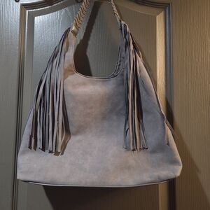 Elegant Gray Hobo Bag with Fringe